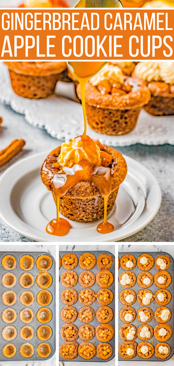 Caramel Apple Gingerbread Cookie Cups - Soft and chewy gingerbread cookies are shaped into bite-sized mini cookie cups and filled with a scrumptious warmly spiced caramel apple filling! A final touch of whipped cream cheese caramel frosting makes these cookie cups an instant FAVORITE! An EASY dessert that everyone LOVES!