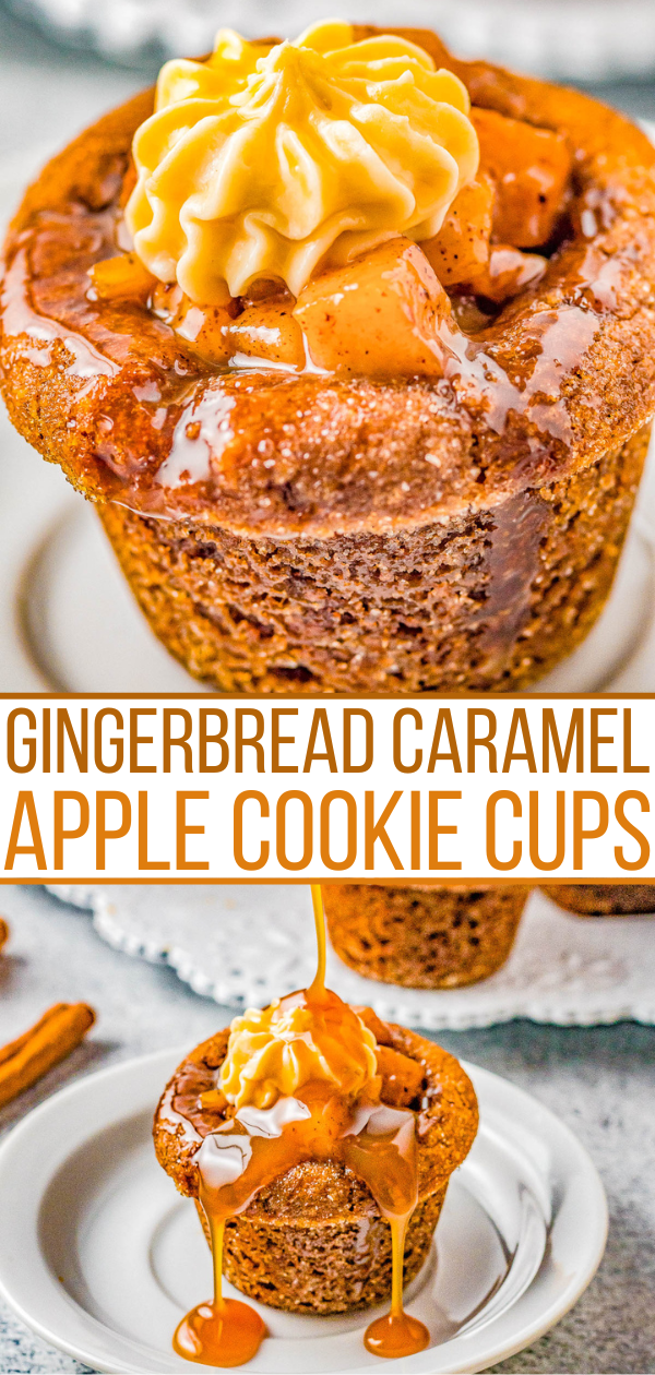 Caramel Apple Gingerbread Cookie Cups - Soft and chewy gingerbread cookies are shaped into bite-sized mini cookie cups and filled with a scrumptious warmly spiced caramel apple filling! A final touch of whipped cream cheese caramel frosting makes these cookie cups an instant FAVORITE! An EASY dessert that everyone LOVES!