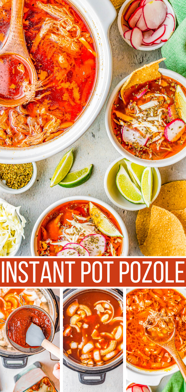 Pozole Rojo - This traditional Mexican soup features tender shredded pork, hominy, and more in a flavorful red chile broth! Learn how to make this authentic, rich and comforting, and very filling soup. It's perfect for chilly fall and winter nights! Easy to follow steps for either an INSTANT POT, SLOW COOKER, or STOVETOP! 