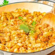 Stovetop Stuffing - With this easy homemade stuffing recipe, you'll never need a box of the store bought stuff again! Onions, carrots, and celery are sautéed in butter, seasoned with an aromatic bouquet of herbs, and cubed bread is stirred in to create the most perfect stuffing that's moist and tender! FAST, EASY, and guaranteed to become a Thanksgiving and Christmas family favorite!