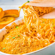 Turkey Tetrazzini - Wondering what to do with your leftover Thanksgiving turkey? This rich casserole features al dente spaghetti, a decadent cream sauce, tender vegetables, cheese, and of course your extra turkey! It's EASY to make and may be even better than your Thanksgiving feast! You can also sub leftover chicken or rotisserie chicken!
