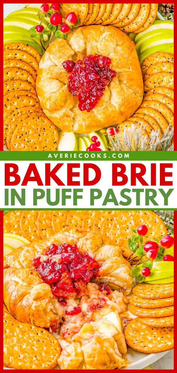 Baked Brie in Puff Pastry — Warm melted cheese, layered with cranberry sauce, and baked in flaky puff pastry is a crowd FAVORITE appetizer! Fast and EASY for you, IRRESISTIBLE for everyone else! It's the PERFECT holiday appetizer for Thanksgiving, Christmas, holiday parties, or New Year's Eve! 