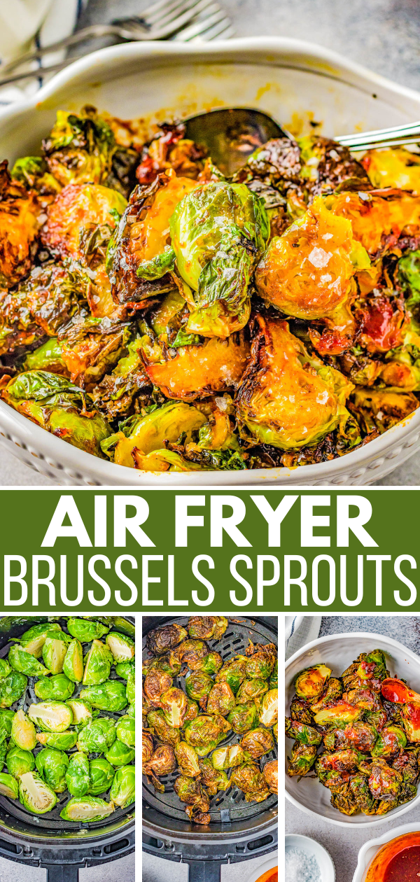 Air Fryer Brussels Sprouts with Sweet and Spicy Glaze - The air fryer makes these Brussels sprouts perfectly crispy on the outside, tender on the inside, and the mildly spicy honey butter glaze makes them IRRESISTIBLE! An EASY side dish for busy weeknights, family dinners, or Thanksgiving that's ready FAST! Oven baking instructions also provided.