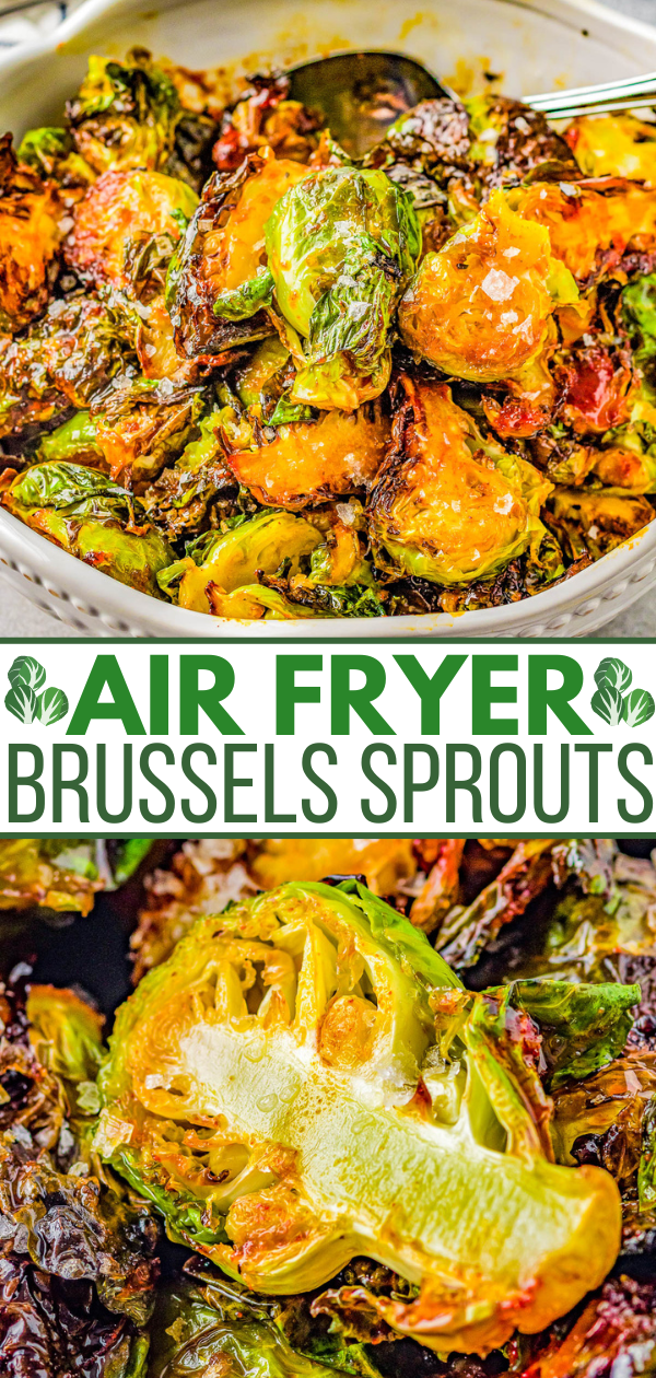 Air Fryer Brussels Sprouts with Sweet and Spicy Glaze - The air fryer makes these Brussels sprouts perfectly crispy on the outside, tender on the inside, and the mildly spicy honey butter glaze makes them IRRESISTIBLE! An EASY side dish for busy weeknights, family dinners, or Thanksgiving that's ready FAST! Oven baking instructions also provided.