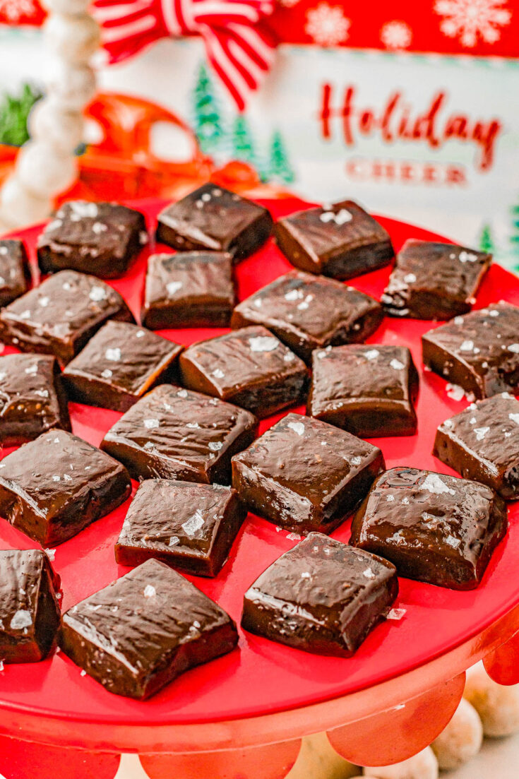 Chocolate Caramels - Soft and chewy, nice and chocolaty, with the slightest hint of espresso flavor that makes the chocolate flavor even richer! A final pinch of flaky sea salt is optional but AMAZING! This EASY Christmas candy recipe is suitable for novices and is great for gift giving, holiday cookie exchanges, and all of your holiday entertaining needs! 