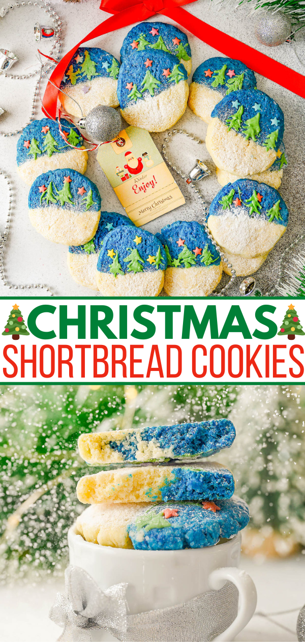 Christmas Shortbread Cookies - Jazz up typical Christmas shortbread cookies with these two-toned, soft and buttery shortbread cookies! They have fun and festive star-shaped sprinkles and are decorated with white chocolate Christmas trees making them perfect for holiday entertaining and cookie exchanges. They look impressive, but are easy enough for beginning bakers! 