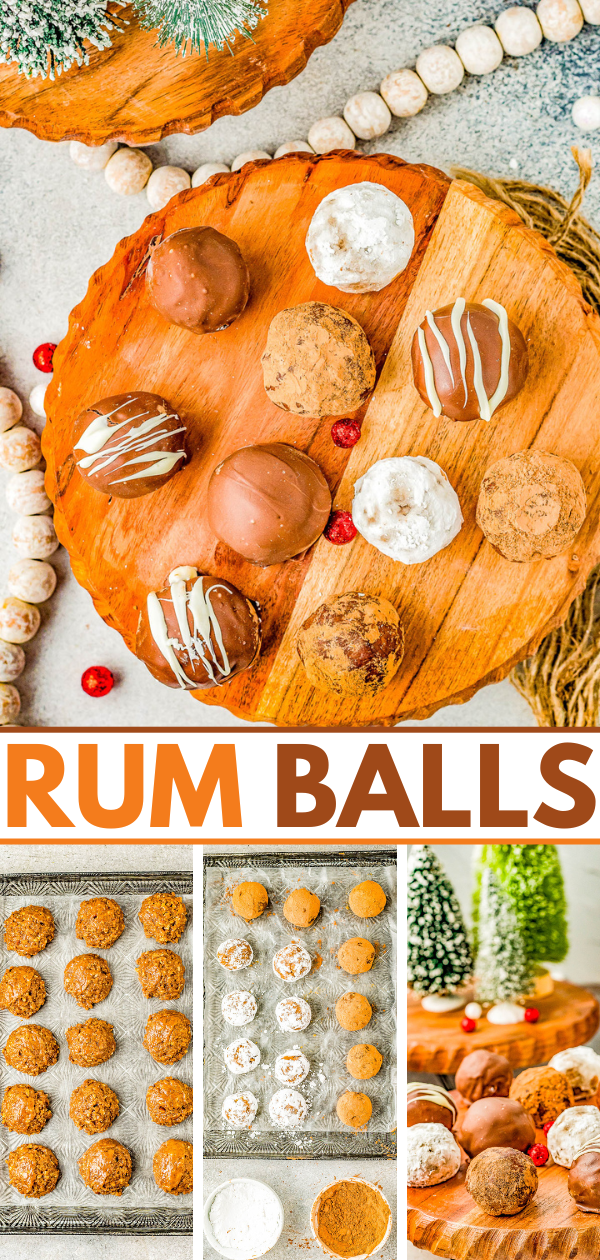 Rum Balls - A classic rum balls recipe made with crushed ginger snaps cookies, toasted pecans, melted butter, and spiced rum! Roll these FAST and EASY NO-BAKE treats in confectioners' sugar, cocoa powder, coconut, or dip them in melted chocolate! Great for gift-giving and cookie exchanges because you can make them far in advance! 