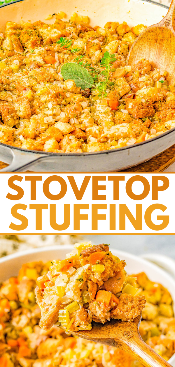 Stovetop Stuffing - With this easy homemade stuffing recipe, you'll never need a box of the store bought stuff again! Onions, carrots, and celery are sautéed in butter, seasoned with an aromatic bouquet of herbs, and cubed bread is stirred in to create the most perfect stuffing that's moist and tender! FAST, EASY, and guaranteed to become a Thanksgiving and Christmas family favorite!