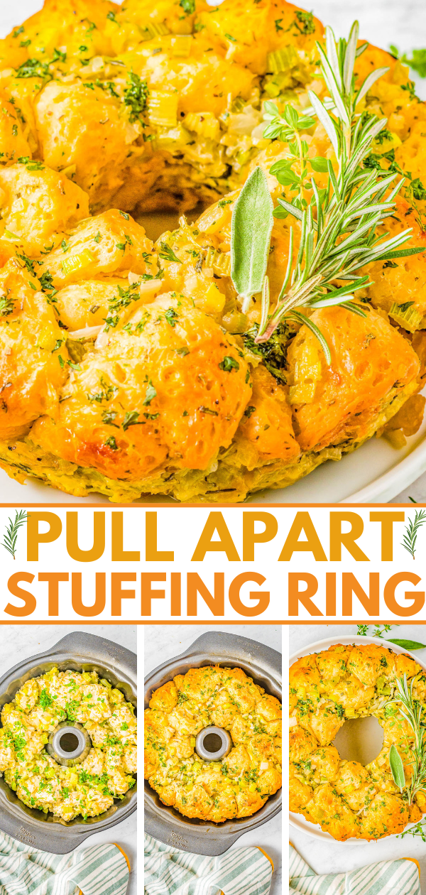 Pull Apart Stuffing Ring - You'll never guess the secret ingredient that not only makes this stuffing ring FAST and EASY, but also creates PERFECT texture! The stuffing is soft and tender, buttery and moist, not at all soggy, and seasoned to perfection with sage, thyme, rosemary, and parsley! A must-make side dish for Thanksgiving, Christmas, and holiday entertaining! 