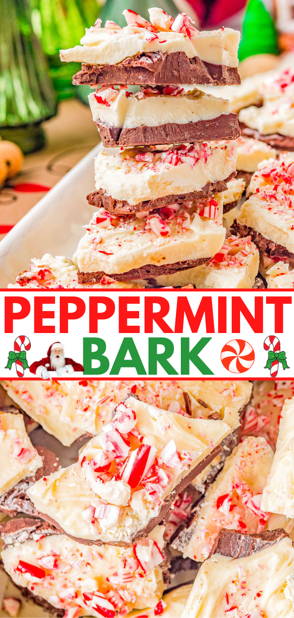 Peppermint Bark - An EASY, no-bake, and make-ahead recipe for homemade peppermint bark! This classic Christmas candy never goes out of style and is perfect for gifting, holiday parties, or cookie exchanges! No one can resist a piece of this festive looking and oh-so-pepperminty treat made with both semi-sweet and white chocolate, and crushed peppermints! 