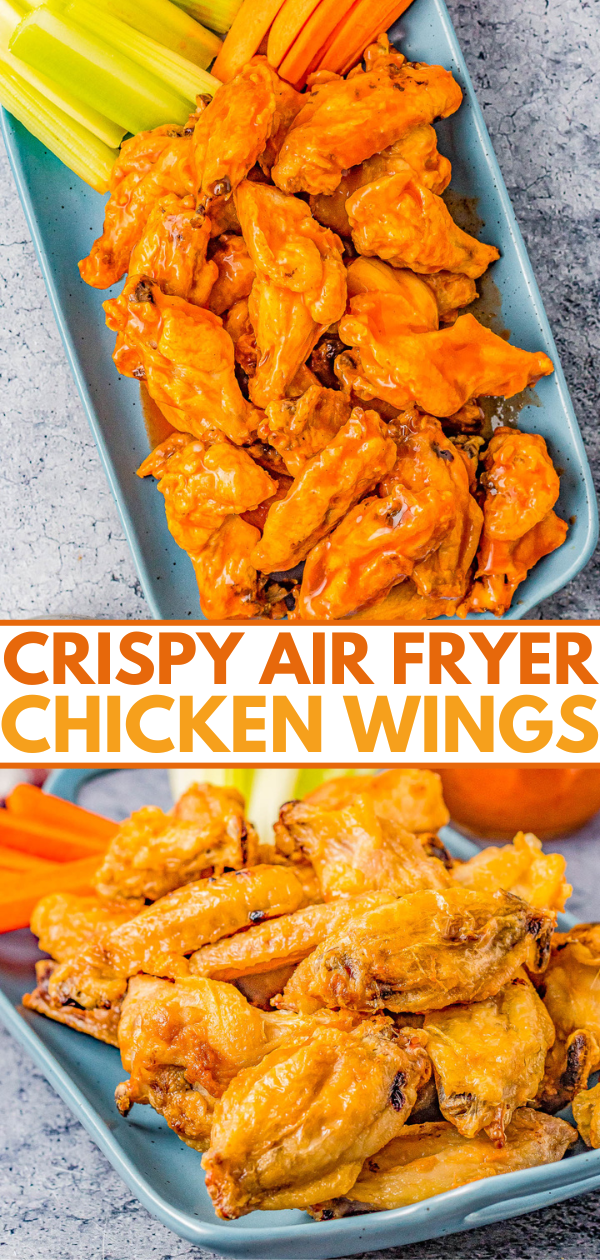 Crispy Air Fryer Chicken Wings with Buffalo Sauce - You don't have to fry chicken wings to get them extra crispy, juicy, and finger-licking good thanks to the tangy buffalo sauce! FAST, EASY, and everyone LOVES these air fried crispy chicken wings! Oven baking instructions also provided.