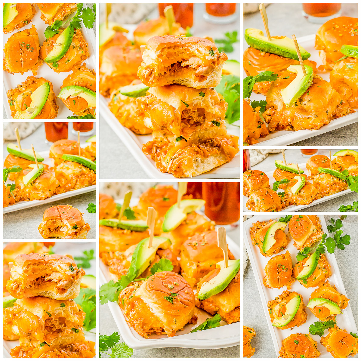 Chicken Enchilada Sliders - Juicy shredded chicken is tossed in spicy enchilada sauce and is layered in soft Hawaiian rolls along with plenty of melted cheese! Brush them with a melted garlic butter and oregano mixture and garnish with cilantro and avocado! PERFECT for entertaining, game days, Superbowl, or a FAST and EASY weeknight dinner that's ready in 30 minutes!