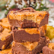 Chocolate Peanut Butter Fudge pieces, one piece missing a bite.