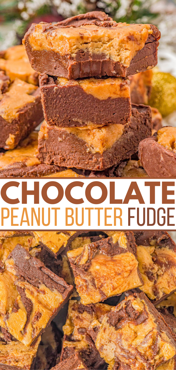 Chocolate Peanut Butter Fudge - Rich and decadent chocolate fudge adorned with peanut butter swirls! Made in the microwave with just SIX ingredients, there's no boiling or candy thermometers involved in this FAST and EASY recipe for PERFECT fudge every time! Make it in advance, it keeps for weeks, and it's great for gifting and holiday entertaining! 