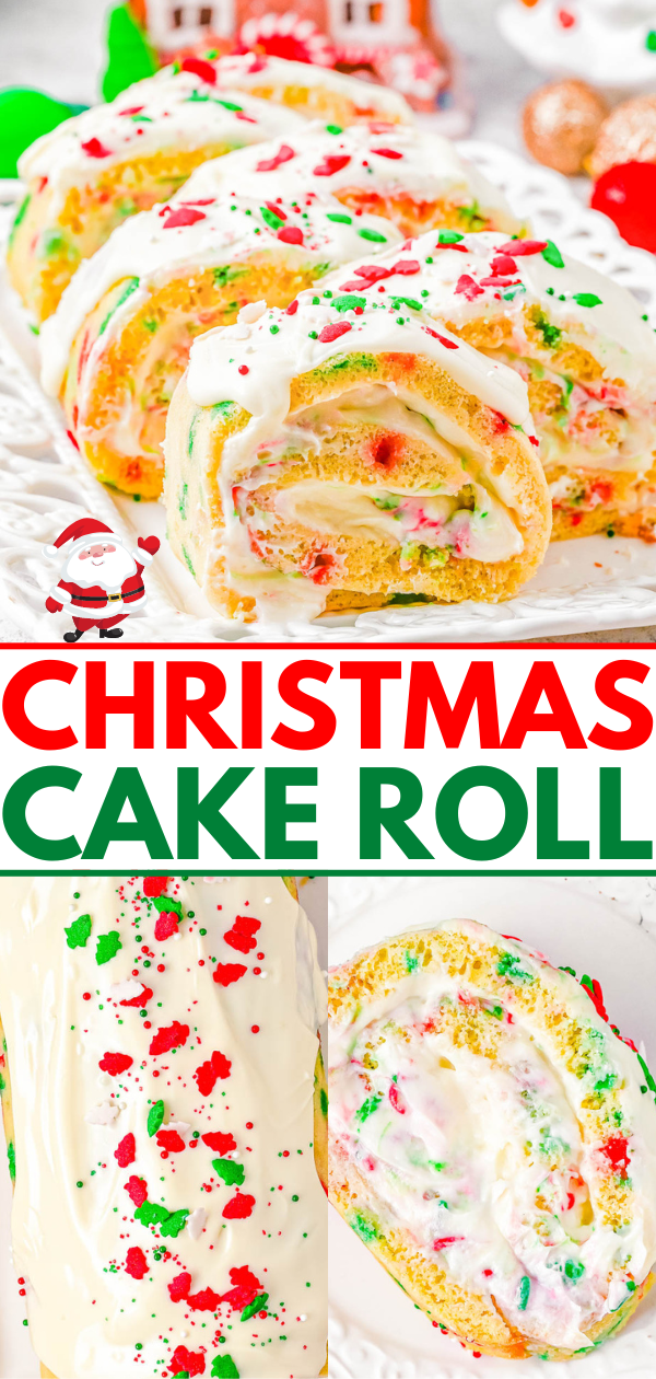 Christmas Cake Roll - Celebrate the holiday season with this scrumptious vanilla cake that's filled to the brim with a tangy-sweet cream cheese filling and topped with melted white chocolate! Plenty of red and green sprinkles add the PERFECT festive flair to this stunning holiday dessert recipe that's perfect for all your holiday entertaining needs and parties! Easy enough for novice bakers!