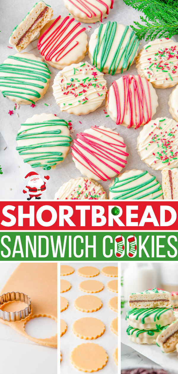 Shortbread Sandwich Cookies - Chocolate filling is sandwiched between two buttery shortbread cookies before the cookies are dipped in sweet white chocolate and festively decorated! EASY enough for novice bakers and PERFECT for holiday entertaining, gifting, and cookie exchanges! 
