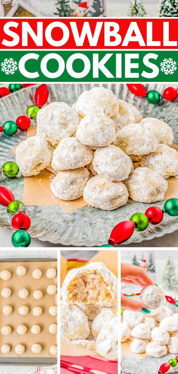 Snowball Cookies - They go by many names, but one thing for sure is that they're a holiday FAVORITE! Super buttery with a lightly crunchy interior from chopped nuts, and dusted with confectioners' sugar for a snowy look! These classic Christmas cookies just melt in your mouth and belong on your holiday baking list and are great for cookie exchanges! 