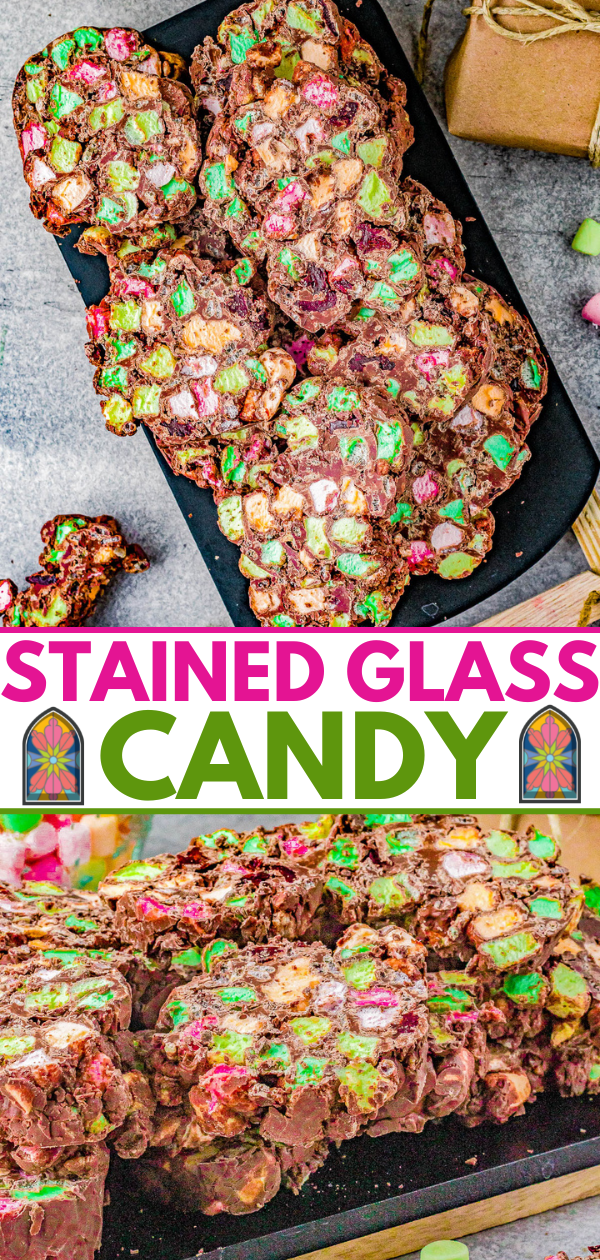 Stained Glass Chocolate Candy – Likely the prettiest Christmas candy you’ll make all holiday season! It’s FAST, EASY, and NO-BAKE! Milk chocolate takes on the appearance of stained glass by adding colored mini marshmallows, crispy Rice Krispies, and chewy dried cherries. You can make this simple yet stunning candy weeks in advance so it’s perfect for gifting and cookie exchanges!