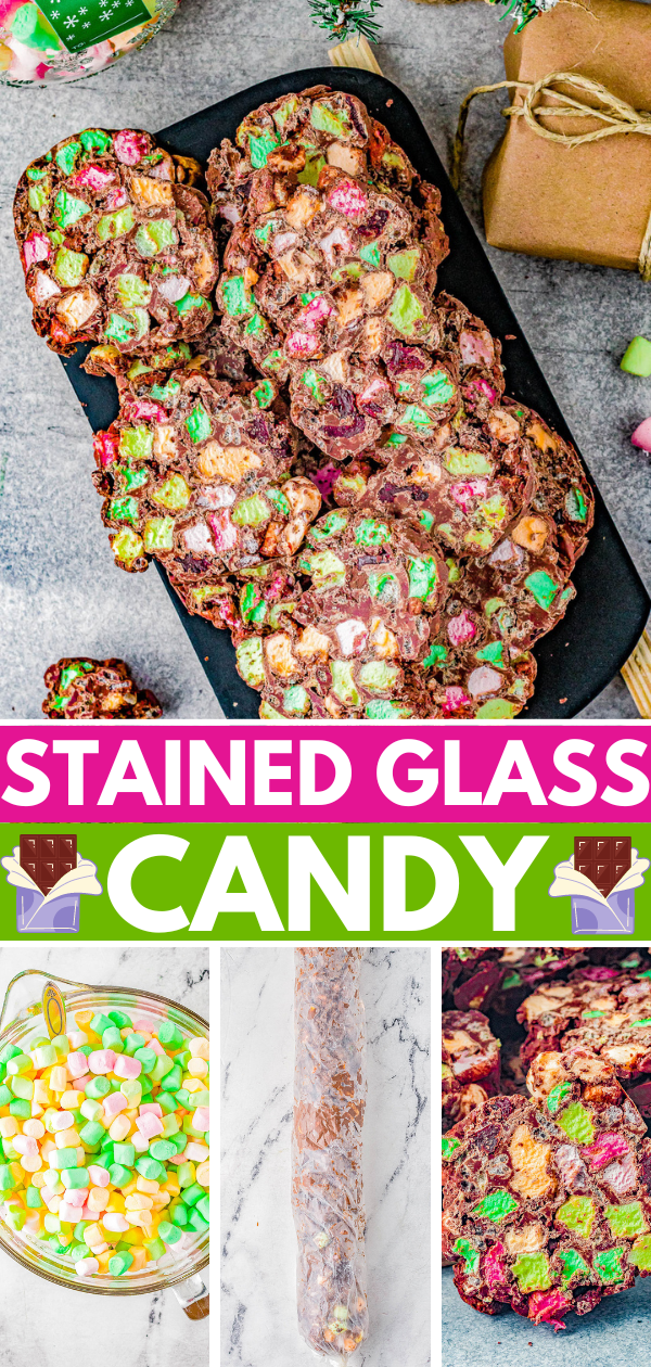 Stained Glass Chocolate Candy - Likely the prettiest Christmas candy you'll make all holiday season! It's FAST, EASY, and NO-BAKE! Milk chocolate takes on the appearance of stained glass by adding colored mini marshmallows, crispy Rice Krispies, and chewy dried cherries. You can make this simple yet stunning candy weeks in advance so it's perfect for gifting and cookie exchanges!