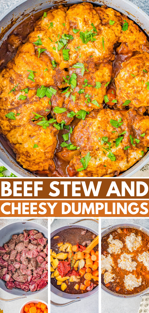 Beef Stew and Dumplings - Beef roast, potatoes, carrots, and more are simmered to tender PERFECTION in a rich and savory broth for the best beef stew that's easy to make! Cheesy dumplings on top are the final comfort food touch making this a classic family favorite recipe especially when the weather is chilly! 