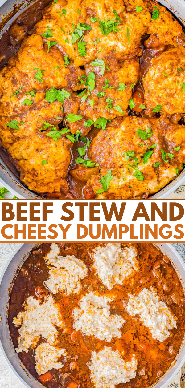 Two images of beef stew with cheesy dumplings. The top image shows cooked dumplings with herbs, while the bottom image shows uncooked dumplings in the stew.