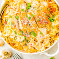 Cajun chicken pasta in a round dish.