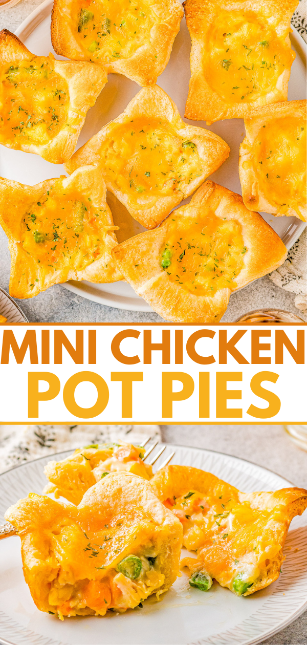 Mini Chicken Pot Pies with Crescent Roll Crust - A FAST and EASY family-favorite recipe that uses just 5 main ingredients! Great for busy weeknights, game day parties and events! No one can resist the creamy filling with juicy chicken and lots of melted cheese! 