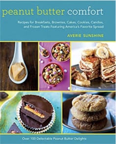 A cookbook cover titled "peanut butter comfort" featuring images of various peanut butter-based desserts.