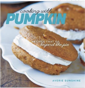 A cookbook titled "cooking with pumpkin" by averie sunshine featuring a recipe for pumpkin whoopie pies.