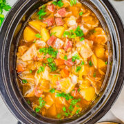 Slow Cooker Corned Beef and Cabbage Soup - Hearty comfort food complete with savory corned beef, potatoes, carrots, celery, and more! It's the EASIEST soup you'll ever make and will become a family FAVORITE especially when the weather is chilly! Stovetop cooking instructions also provided.