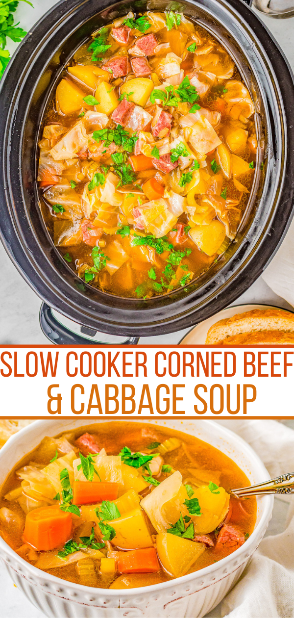 Slow Cooker Corned Beef and Cabbage Soup - Hearty comfort food complete with savory corned beef, potatoes, carrots, celery, and more! It's the EASIEST soup you'll ever make and will become a family FAVORITE especially when the weather is chilly! Stovetop cooking instructions also provided.
