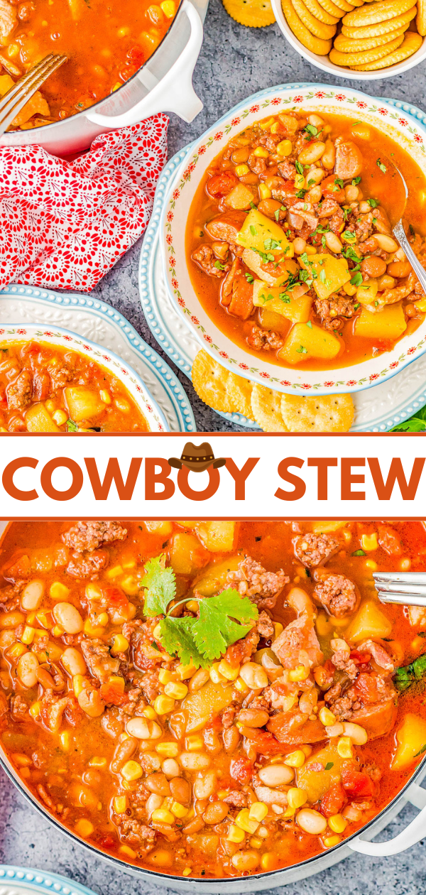 Cowboy Stew - All the cowboys, cowgirls, and meat lovers are going to LOVE this EASY stew recipe with ground beef, bacon, and sausage! There are also beans, potatoes, and corn simmered in a flavorful chili powder, smoked paprika, and cumin broth. Ready in 45 minutes, this is pure hearty comfort food that the whole family will enjoy! Slow cooker instructions also provided.