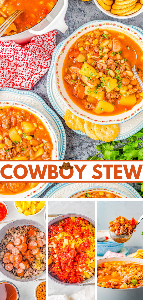 Cowboy Stew - All the cowboys, cowgirls, and meat lovers are going to LOVE this EASY stew recipe with ground beef, bacon, and sausage! There are also beans, potatoes, and corn simmered in a flavorful chili powder, smoked paprika, and cumin broth. Ready in 45 minutes, this is pure hearty comfort food that the whole family will enjoy! Slow cooker instructions also provided.