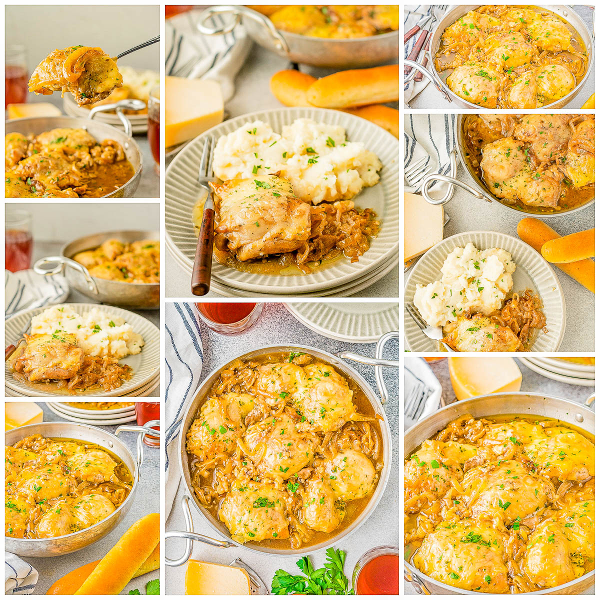 French Onion Chicken- If you like French onion soup, you're going to LOVE this elegant chicken dinner complete with caramelized onions and melted cheese on top! A PERFECT comfort food recipe for special occasions like a holiday meal, an anniversary or Valentine's dinner, or anytime you want to take chicken to the next level! Rave reviews guaranteed! 