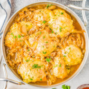 A skillet of French onion chicken.