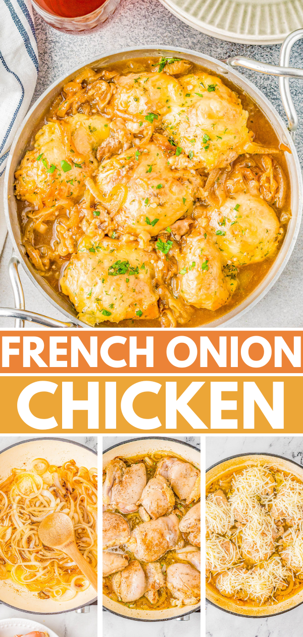 French Onion Chicken- If you like French onion soup, you're going to LOVE this elegant chicken dinner complete with caramelized onions and melted cheese on top! A PERFECT comfort food recipe for special occasions like a holiday meal, an anniversary or Valentine's dinner, or anytime you want to take chicken to the next level! Rave reviews guaranteed! 