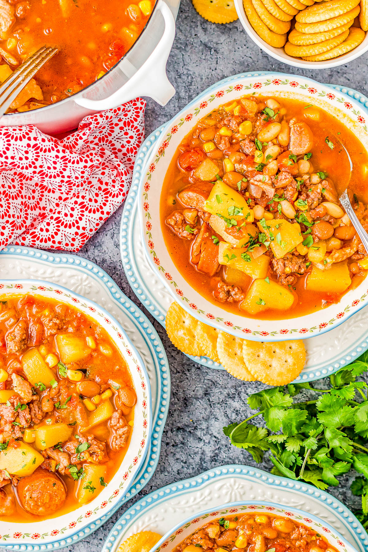Three bowls of stew with chunks of meat, potatoes, and vegetables, garnished with parsley. Crackers and cilantro leaves are on the side.