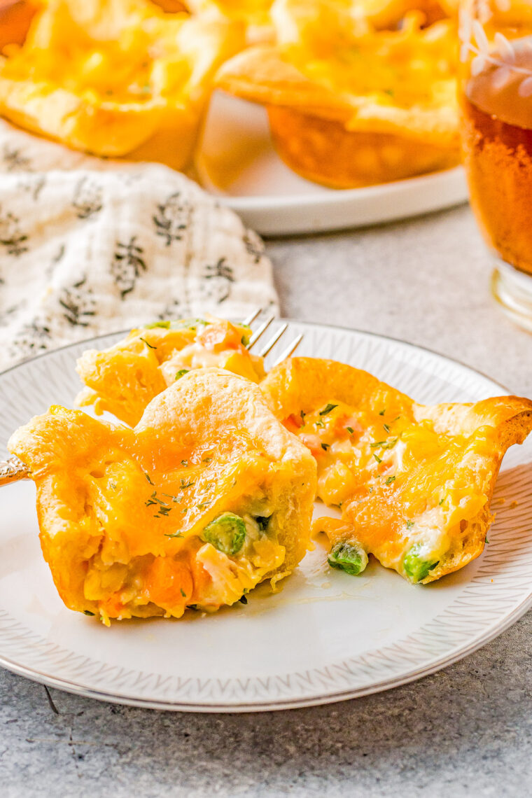 Mini Chicken Pot Pies with Crescent Roll Crust - A FAST and EASY family-favorite recipe that uses just 5 main ingredients! Great for busy weeknights, game day parties and events! No one can resist the creamy filling with juicy chicken and lots of melted cheese! 