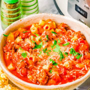 A bowl of crock pot pasta e fagioli soup.