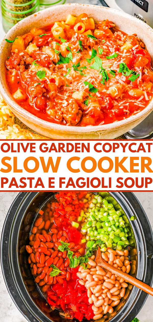 Slow Cooker Pasta e Fagioli Soup (Olive Garden Copycat) - My homemade recipe for this famous soup is even BETTER than the restaurant version and SO EASY thanks to your Crock-Pot! Complete with ground beef (or sausage), vegetables, spices, and pasta. Hearty comfort food that'll become a family FAVORITE in no time! Stovetop cooking directions also provided.