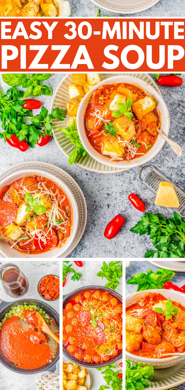 Easy 30-Minute Pizza Soup Recipe - Enjoy a big bowl of comfort food with hearty soup that mimics your favorite pizza! Complete with pepperoni, meatballs, a tomato-based broth, and topped with mozzarella, Parmesan, and garlic toast croutons for the "crust"! Easy enough for busy weeknights and sure to be a family FAVORITE!