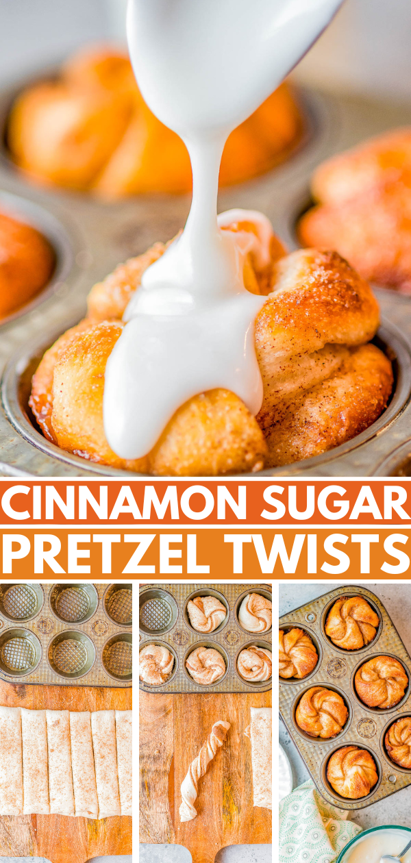 Cinnamon Sugar Pretzel Twists - Baked in a muffin pan and made with refrigerated dough to save time, you're going to LOVE how FAST and EASY these finger-lickin' sweet pretzel bites are! A simple powdered sugar glaze makes pulling apart this buttery soft pretzel dough coated with cinnamon and sugar just irresistible! 