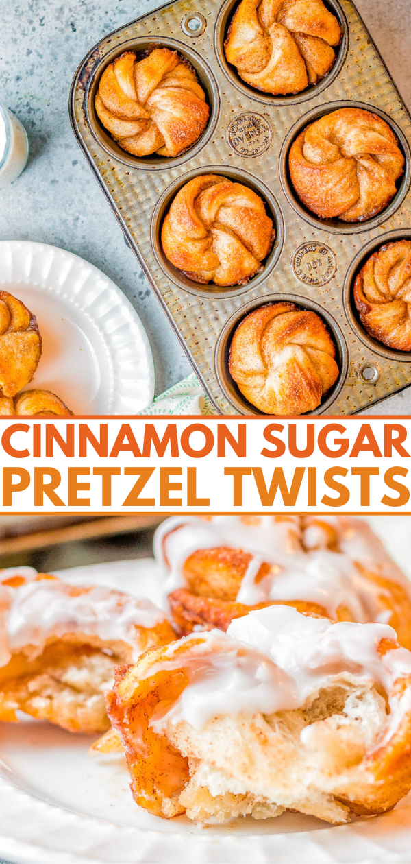 Cinnamon Sugar Pretzel Twists - Baked in a muffin pan and made with refrigerated dough to save time, you're going to LOVE how FAST and EASY these finger-lickin' sweet pretzel bites are! A simple powdered sugar glaze makes pulling apart this buttery soft pretzel dough coated with cinnamon and sugar just irresistible! 