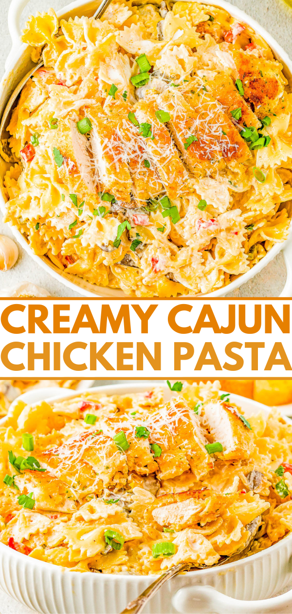 Creamy Cajun Chicken Pasta - Juicy Parmesan-crusted chicken and tender pasta with vegetables are tossed together in a creamy Cajun sauce making this recipe a family FAVORITE! My homemade version is a Chili's Restaurant copycat but I assure you, this is a better-than-the-restaurant dish you'll want to put on rotation even on busy weeknights! 