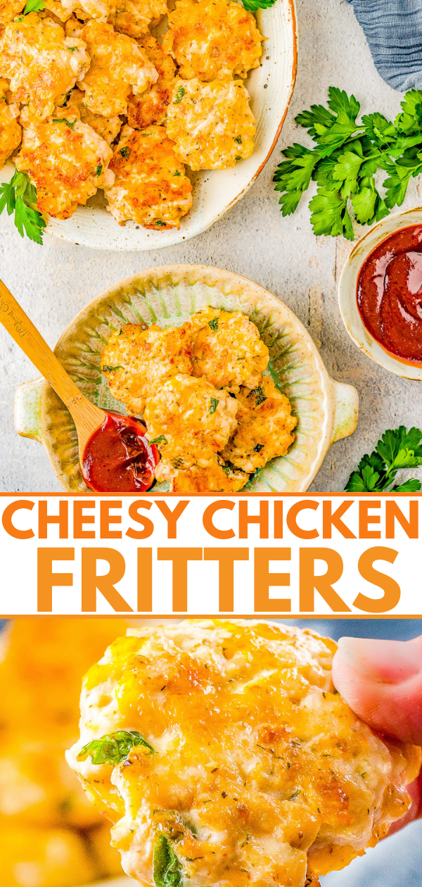 Cheesy Chicken Fritters - These AMAZING fritters include tender and juicy chicken, mozzarella and cheddar cheeses, and an array of spices to give them tons of great flavor! Serve them as an appetizer, on slider buns for sandwiches, or as the main dish! EASY, FAST, and a guaranteed family favorite! 