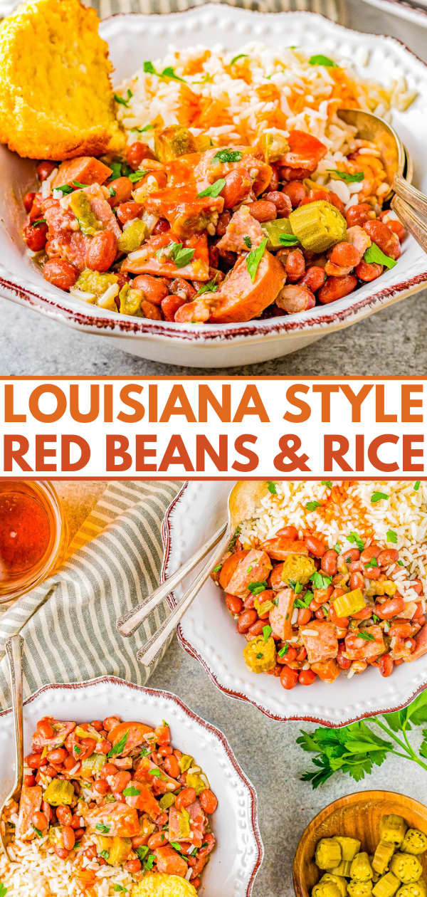 Red Beans and Rice - Louisiana style red beans and rice is a Southern comfort food classic that's EASY to make! Complete with Andouille sausage, ham, Creole seasoning, tender red beans, and plenty of fluffy rice, this dish packs some spiciness but it'll leave you coming back for more! 