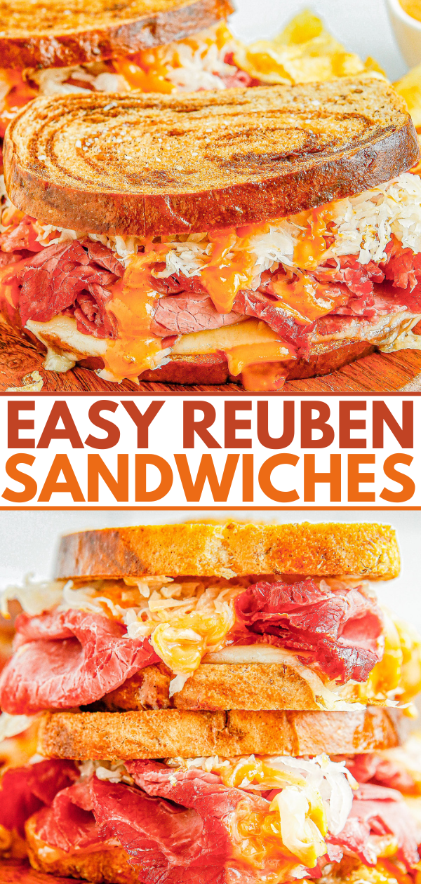 Air Fryer Reuben Sandwiches - Deli-worthy reuben sandwiches at home complete with rye bread, Russian dressing, melted Swiss cheese, and plenty of corned beef! The air fryer helps get the bread extra crispy but stovetop cooking directions are also provided. Get ready because these sandwiches are generously sized and SO GOOD!