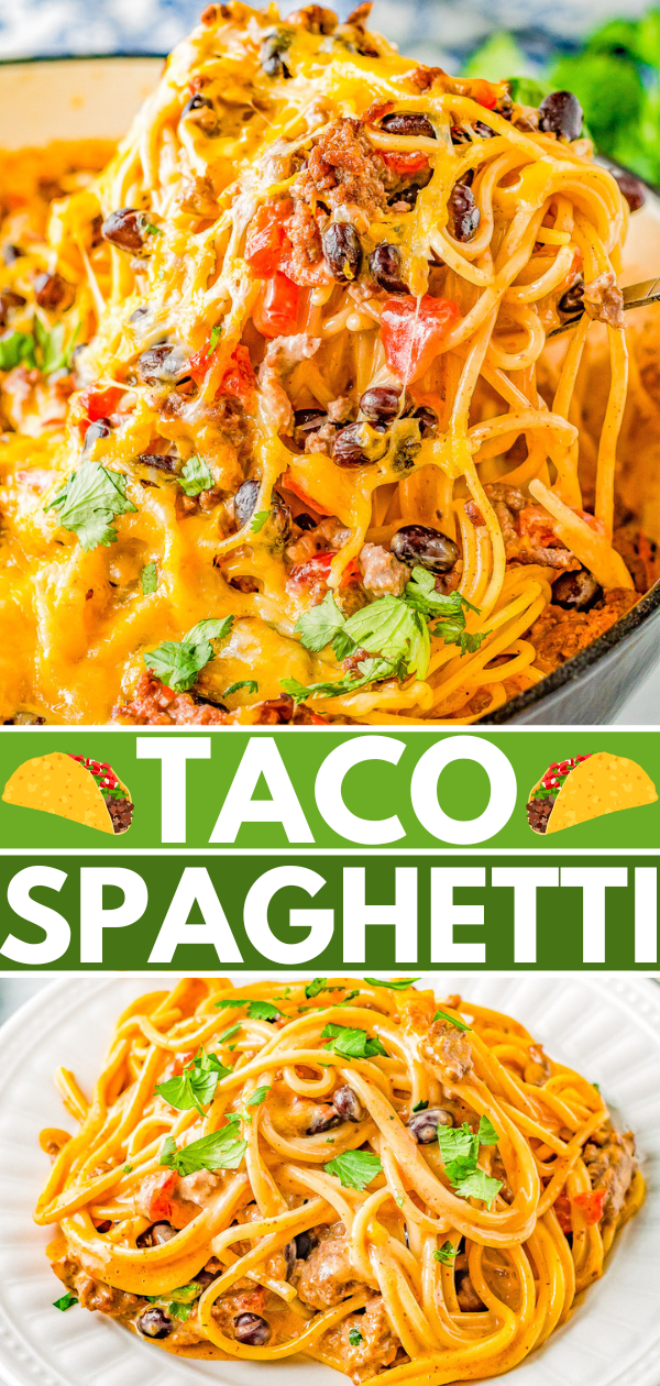 Taco Spaghetti -  Tender spaghetti noodles are tossed in a creamy cheese sauce along with seasoned ground beef, tomatoes, green chiles, black beans, and cilantro! The PERFECT family-friendly weeknight dinner recipe that's super EASY and ready in 30 minutes!
