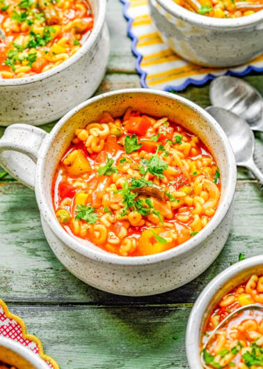 30-Minute Homemade Alphabet Soup - Tender alphabet pasta in a tomato flavored broth with a variety of vegetables including carrots, corn, peas, and green beans. So much BETTER than the canned store bought alternatives that many of us grew up with! A one pot EASY recipe that's perfect for busy weeknights!