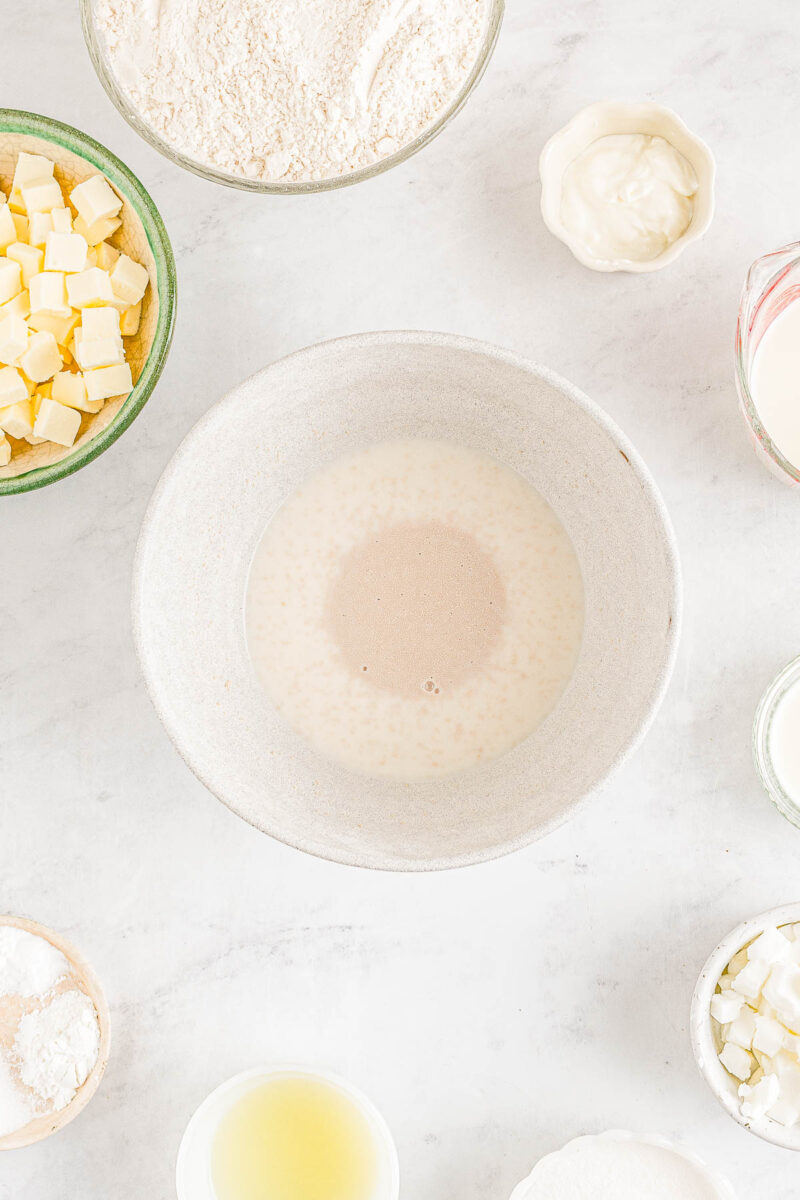 Yeast being activated in a bowl.